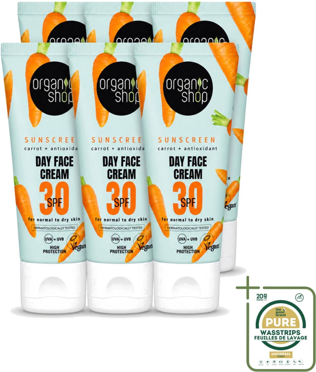 6 x Organic Shop - Zonnebrandcrème Gezicht SPF 30 - Normale Huid - 50 ml - Wasstrips - Zonnebrandcrème - Gezichtsbescherming - SPF 30 - Huidbescherming - UVA/UVB Bescherming