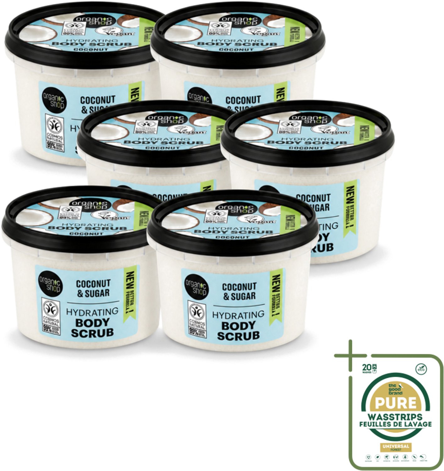 6 x Organic Shop - Hydrating Body Scrub Coconut - Diep Voedend - 250 ml - Wasstrips - Huidverzorging - Suikerscrub - Kokosolie - Exfoliatie - Hydratatie