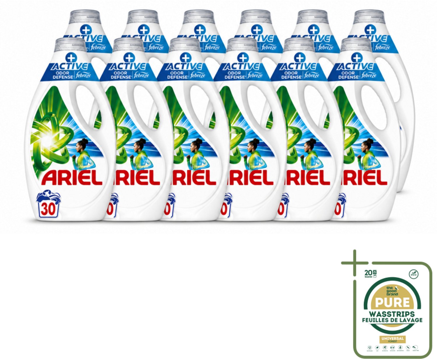 12 x Ariel - Vloeibaar Wasmiddel - +Actieve Odor Defense - 30 Wasbeurten - 1,35 liter - Wasstrips - Vloeibaar Wasmiddel - Geurverwijdering - Zweetgeuren - Wasmiddel Met Febreze - Sportkleding Was