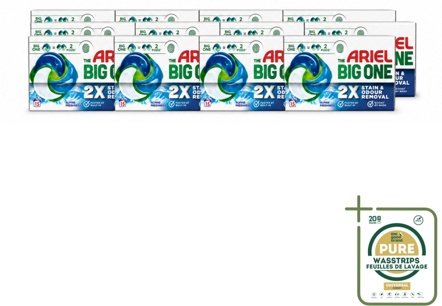 12 x Ariel - 3in1 Wasmiddel Pods - The Big One - Alpine - 15 Pods - Wasstrips - Ariel 3in1 Pod - Wasmiddel - Wasmiddelcapsule - Reinigingskracht - Vlekverwijdering