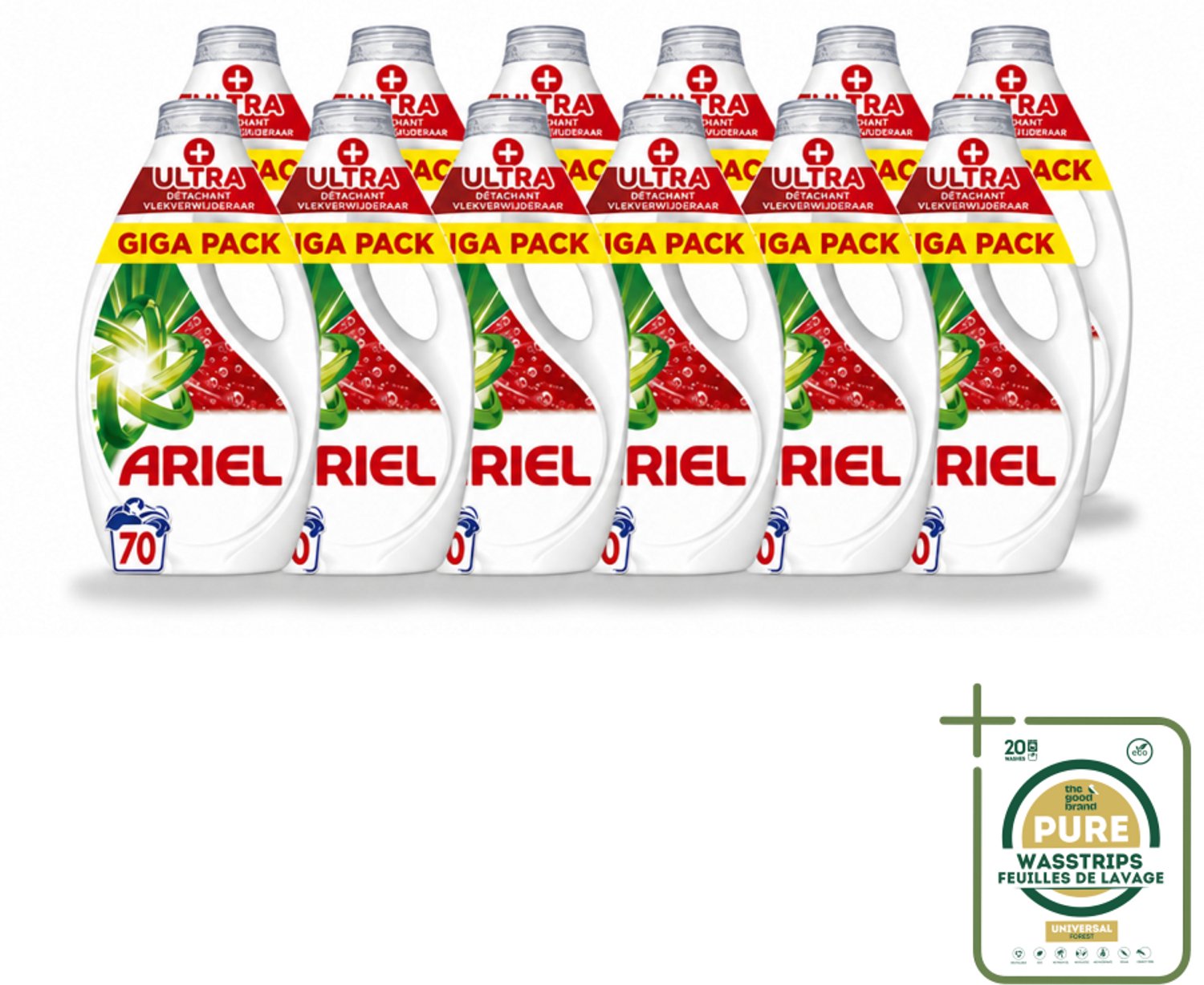 12 x Ariel - Vloeibaar Wasmiddel - +Ultra Vlekverwijderaar - 70 Wasbeurten - 3150 ml - Wasstrips - Vloeibaar Wasmiddel - Vlekverwijderaar - Hardnekkige Vlekken - Koud Was - Milieuvriendelijk Wasmiddel