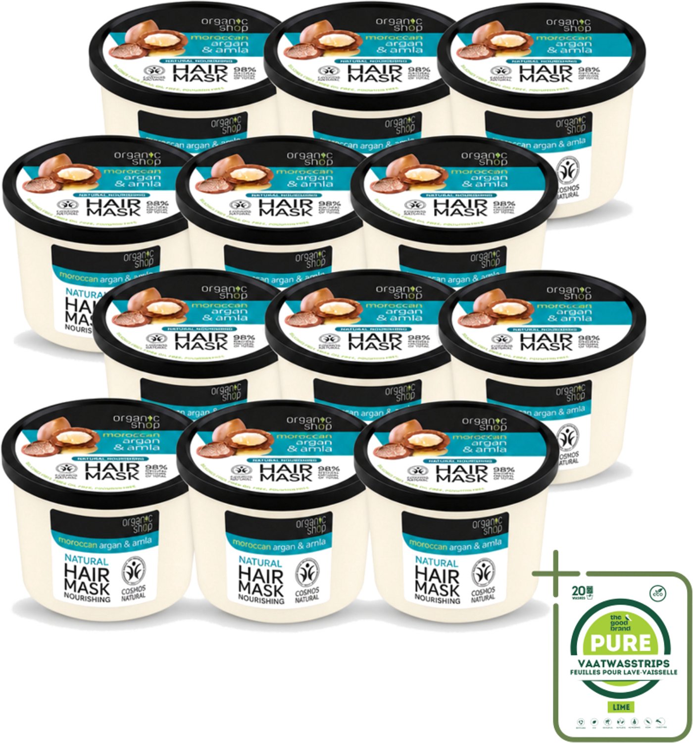 12 x Organic Shop - Haarmasker Argan & Amla - Herstellend en Verzorgend - 250 ml - Grootverpakking - Vaatwasstrips - Haarmasker - Herstel Haar - Natuurlijke Haarmasker - Arganolie - Amla
