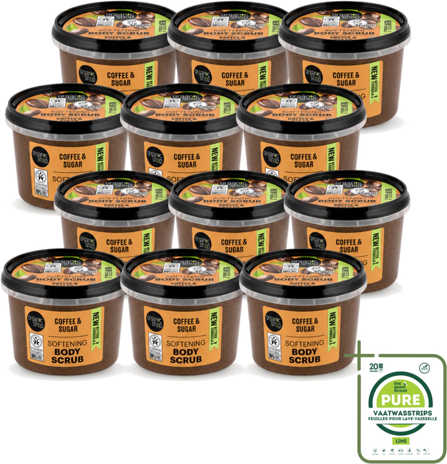 12 x Organic Shop - Organic Coffee & Sugar Body Scrub - Hydraterend en Peeling - 250 ml - Grootverpakking - Vaatwasstrips - Bodyscrub - Natuurlijke Peeling - Koffieolie - Suiker Peeling - Huid Verzorging