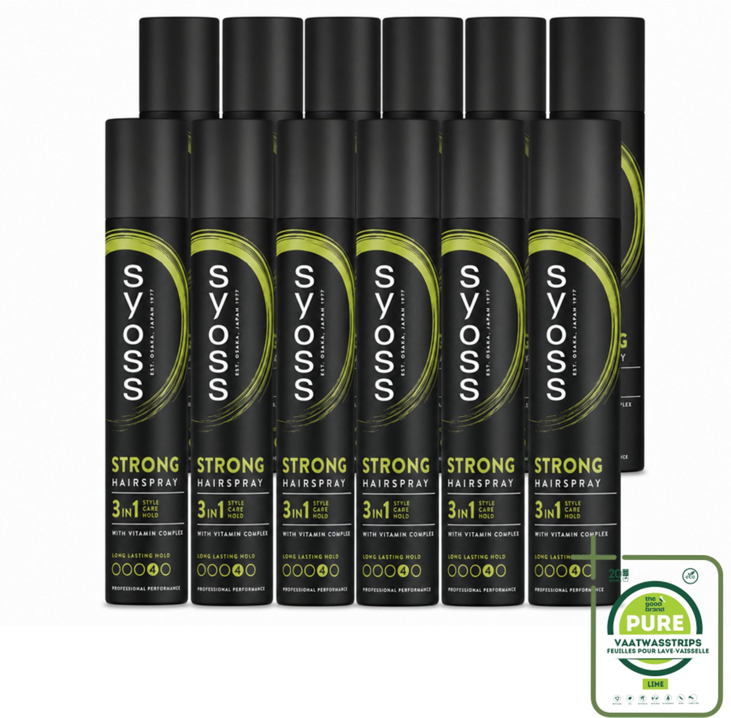 12 x Syoss - Strong Hold - Haarspray - Sterke Fixatie - 300 ml - Grootverpakking - Vaatwasstrips - Haarspray - Sterk Houden - 48 Uur Hold - Styling - Haarverzorging