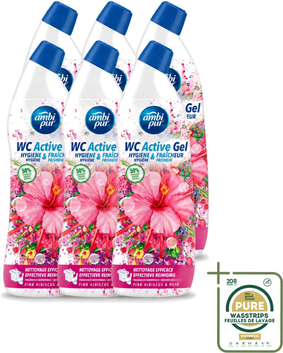 6 x Ambi Pur - Toiletreiniger - WC Active Gel - Hibiscus & Roos - 750 ml - Wasstrips - Toiletreiniger - Anti-kalk - Toilet Reinigen - Toilet Glans - Toilet Geur