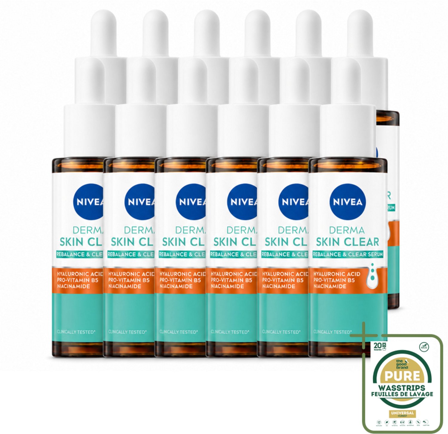 12 x Nivea - Derma - Skin Clear Serum - Zuiverend en Kalmerend - Met Hyaluronzuur en Niacinamide - 30 ml - Wasstrips - Huidzuiverend Serum - Huidkalmerend Serum - Acne Serum - Gevoelige Huid Serum - Hyaluronzuur Serum