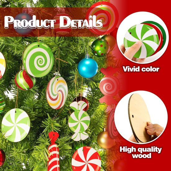 24 stuks houten kerstdecoratiehangers, kerstboomversiering, kerstsnoep, ornamenten, kleurrijke snoepdecoratie, voor kerstbomen, thuis en feestdecoratie — afbeelding 5