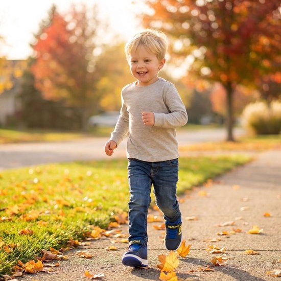 Jongen met blond haar, gekleed in grijs shirt en jeans, draagt blauwe Pikachu-sneakers terwijl hij over een pad rent.