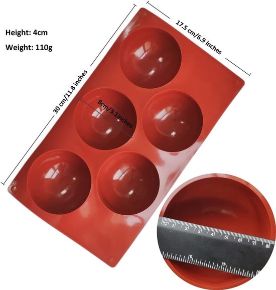 4 stuks siliconen bakvorm, 5 gaten, siliconen vorm, rond, 8 cm, halfronde bakvorm, siliconen vorm, halve bol voor chocolade, cake, gelei, koepelmousse — afbeelding 4
