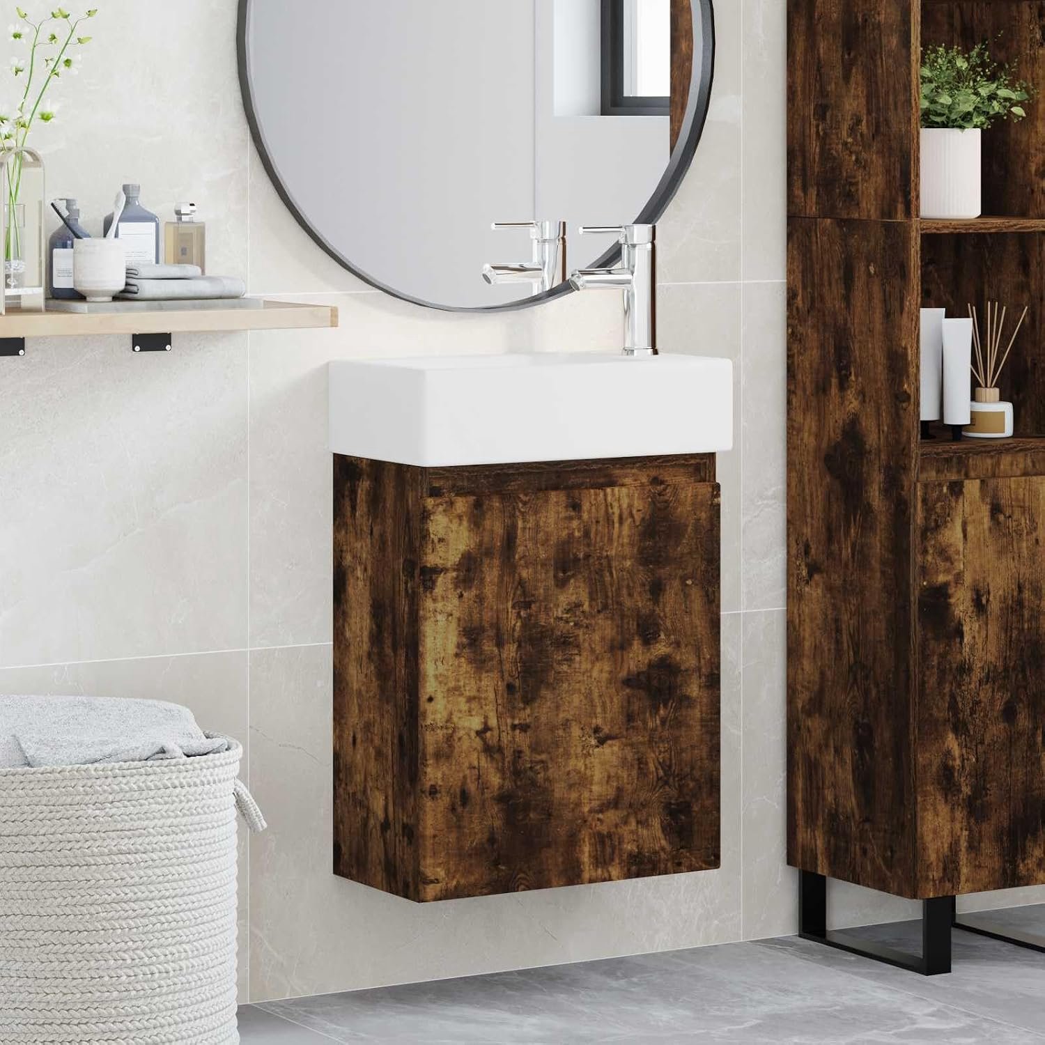 Badkamer wastafelonderkast met kraan wandmontage houtmateriaal
