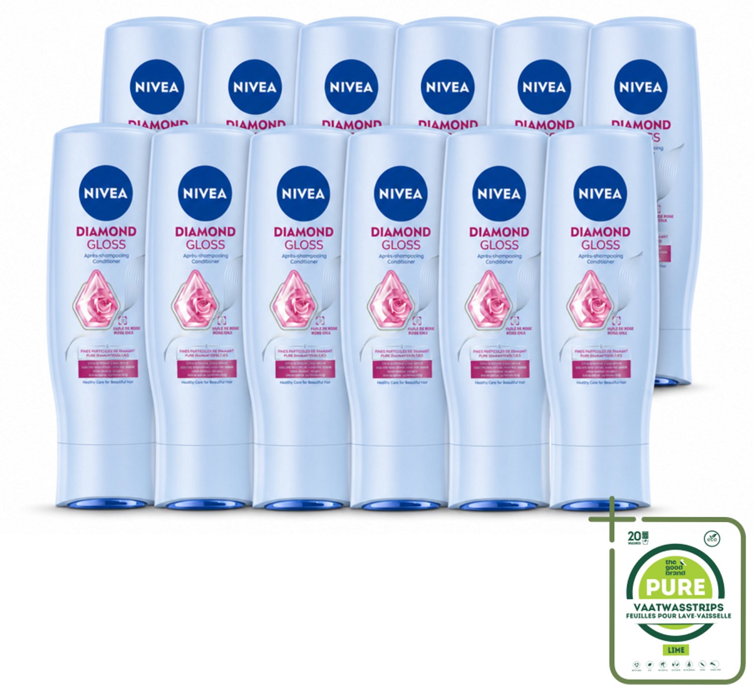12 x NIVEA - Diamantglans Conditioner - Crèmespoeling - Voor Glans - 200 ml - Grootverpakking - Vaatwasstrips - Diamant Glans - Haar Verzorgen - Haar Glans - Haar Verzachten - Haar Doorkambaar