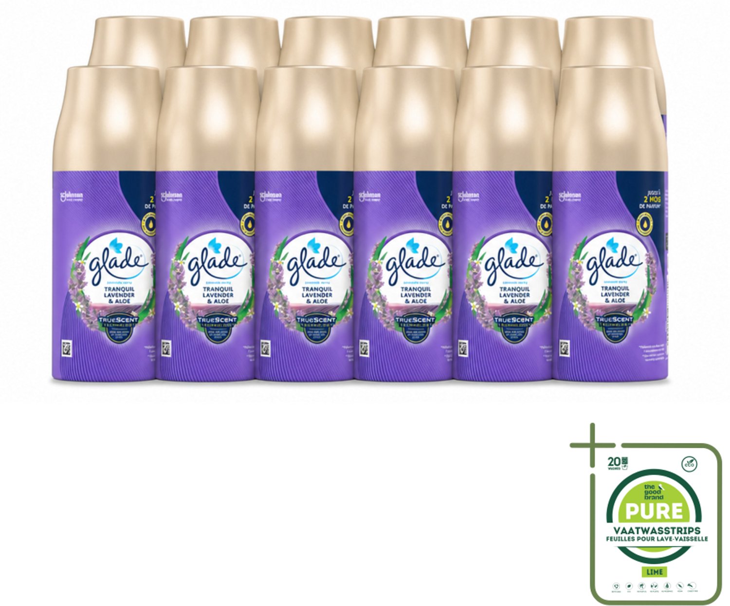 12 x Glade - Automatische Spray - Tranquil Lavender & Aloë - 269 g - Grootverpakking - Vaatwasstrips - Lavendel - Aloe Vera - Viooltjesblad - Ontspanning - Geur