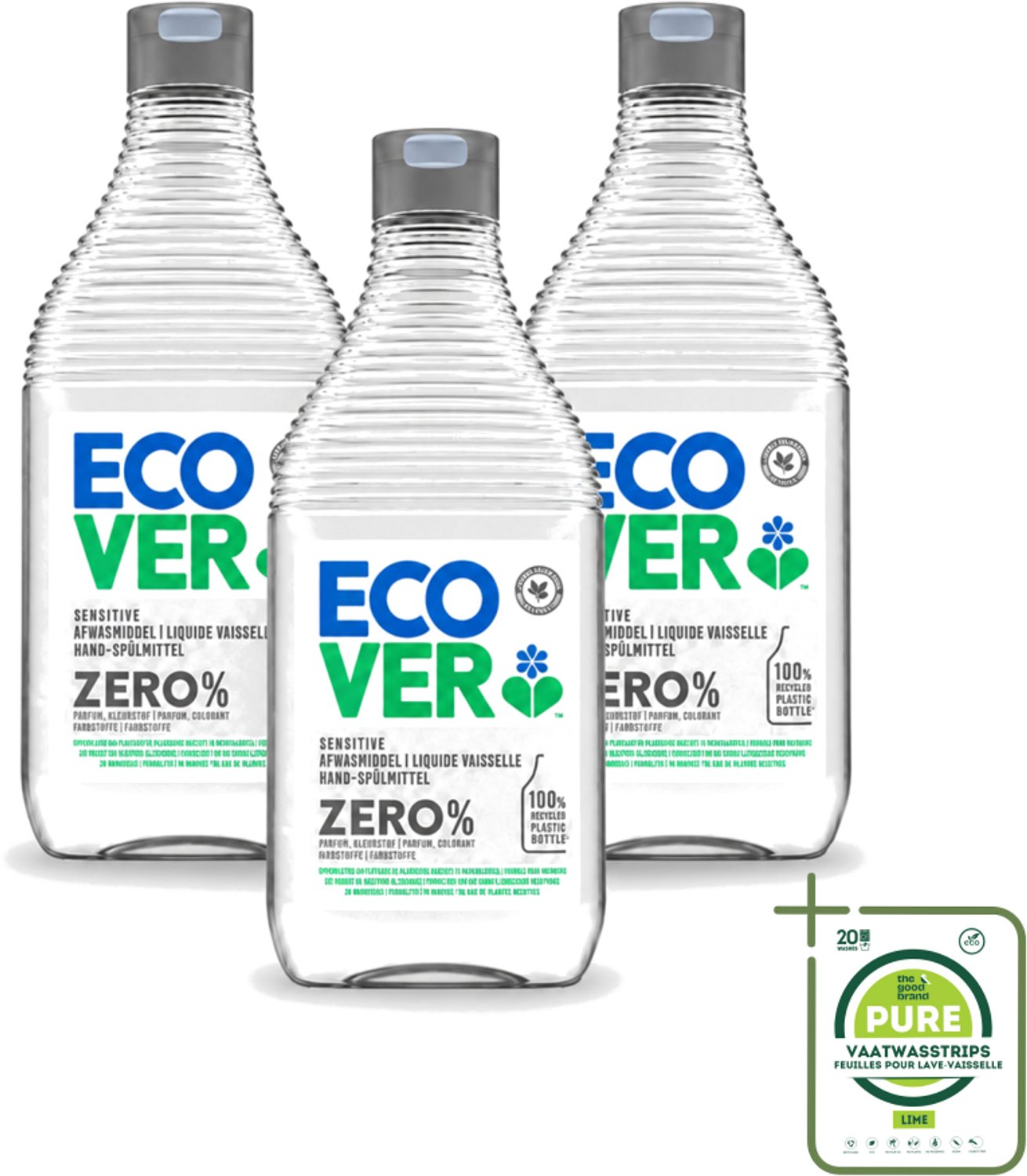 3 x Ecover - Afwasmiddel ZERO - Parfumvrij - 450 ml - Grootverpakking - Vaatwasstrips - Afwasmiddel Zonder Geur - Hypoallergeen Afwasmiddel - Plantaardig Afwasmiddel - Afwasmiddel Voor Gevoelige Huid - Eczeem Afwasmiddel