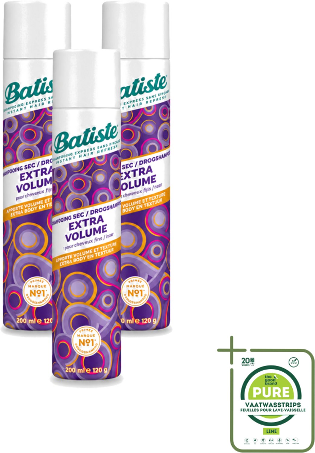 3 x Batiste - Extra Volume - Droogshampoo - Geeft Meer Volheid - Frist Vet Haar Op - 200ml - Grootverpakking - Vaatwasstrips - Extra Volume Haar - Droogshampoo - Haar Volume - Haar Lift - Fris Haar
