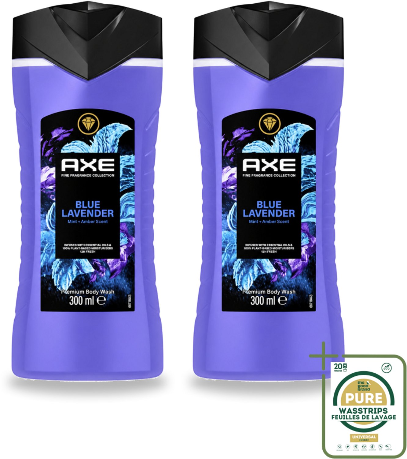 2 x AXE - Douchegel - Blue Lavender - Kalmerend - Premium Geur - 300 ml - Wasstrips - Douchegel - Kalmerend - Frisheid - Ontspanning - Premium Geur