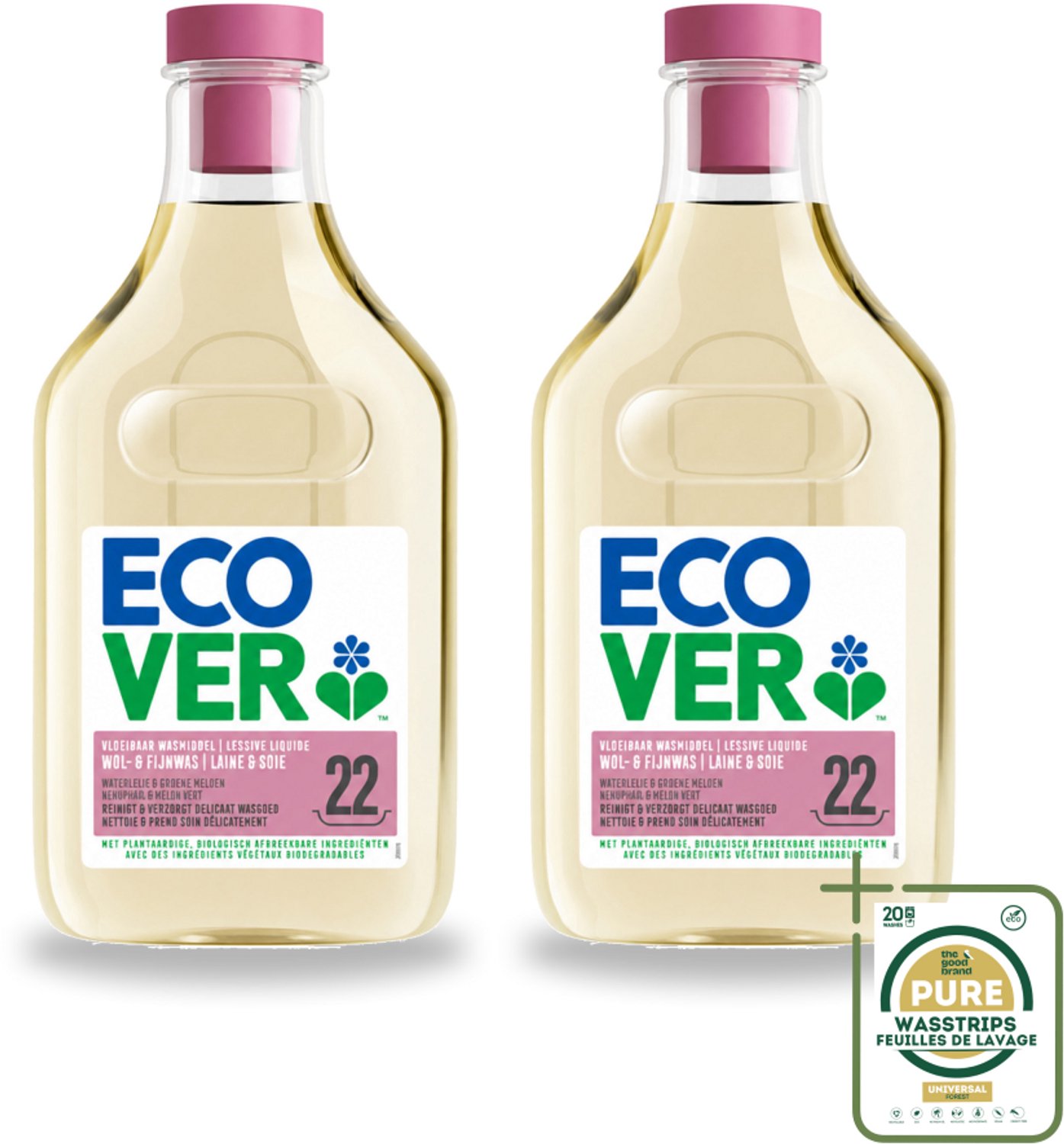 2 x Ecover - Vloeibaar wasmiddel - Wol & Fijnwas - 1 liter - 22 wasbeurten - Wasstrips - Wasmiddel Wol - Fijne Was - Zachte Was - Biologisch Afbreekbaar - Ecover