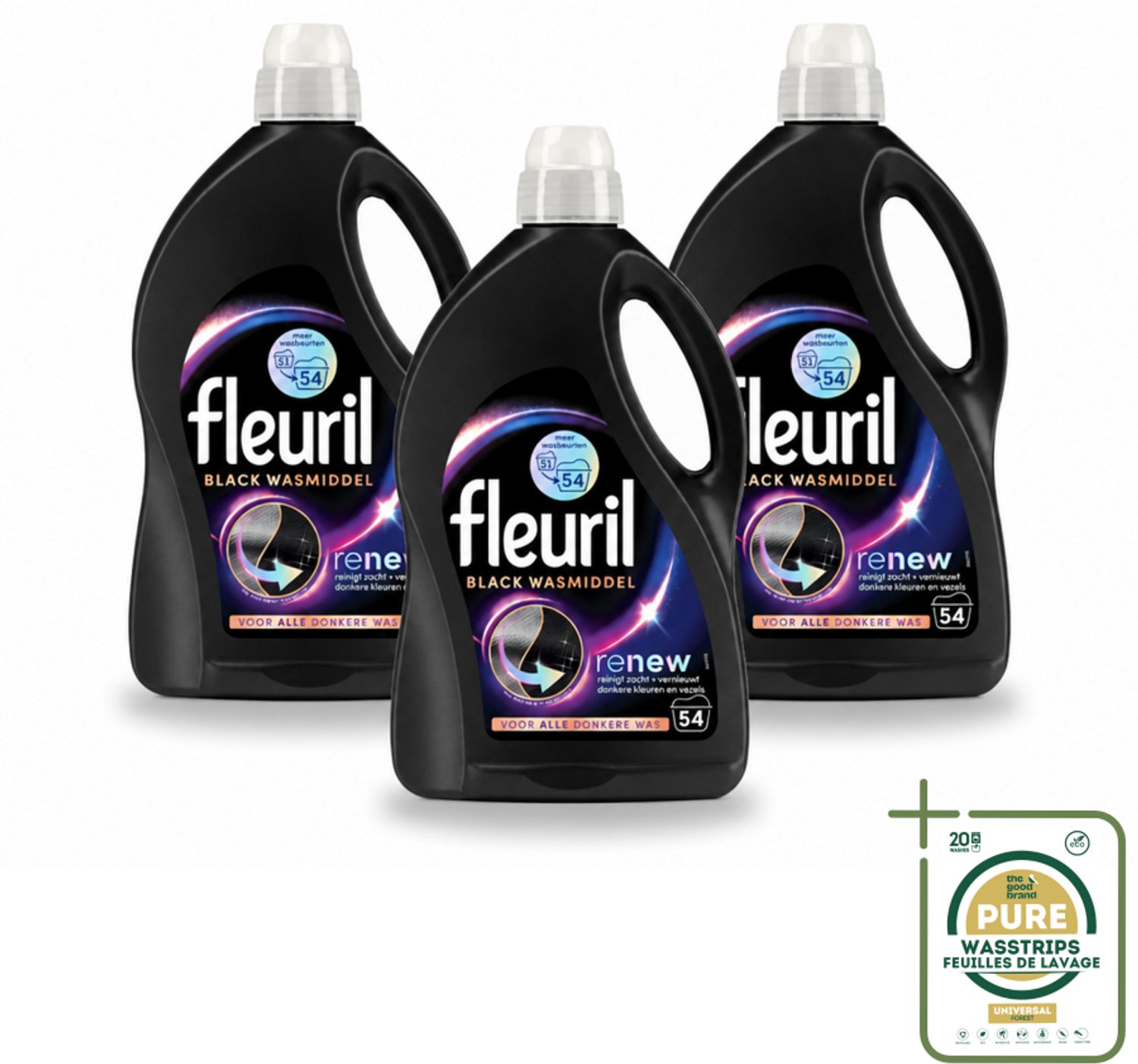 3 x Fleuril - Wasmiddel - Renew Zwart Vloeibaar Wasmiddel - Zwarte Was - 54 wasbeurten - Wasstrips - Zwarte Was - Donkere Was - Vloeibaar Wasmiddel - Kleurherstel - Wasmiddel Zwart