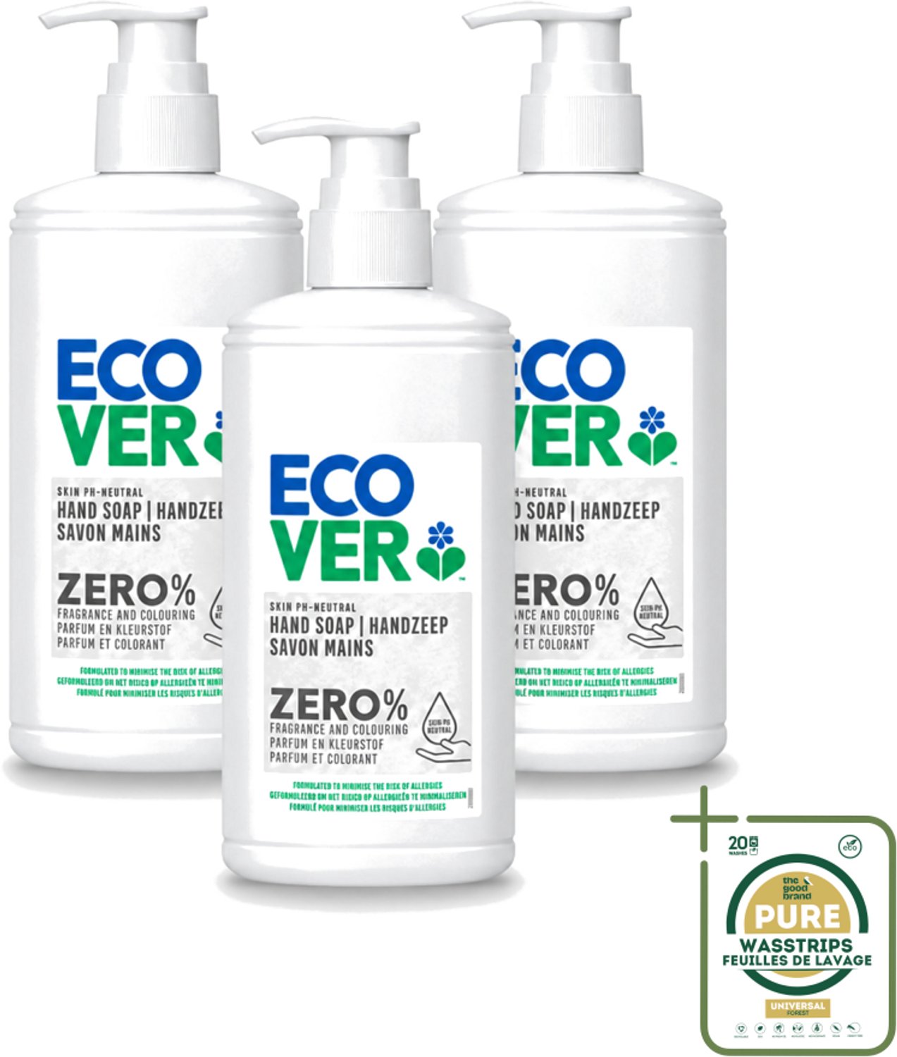 3 x Ecover - Handzeep ZERO - Parfumvrij - 250 ml - Wasstrips - Handzeep Zero - Parfumvrij Handzeep - Hypoallergene Handzeep - Gevoelige Huid - Eczeem Handzeep