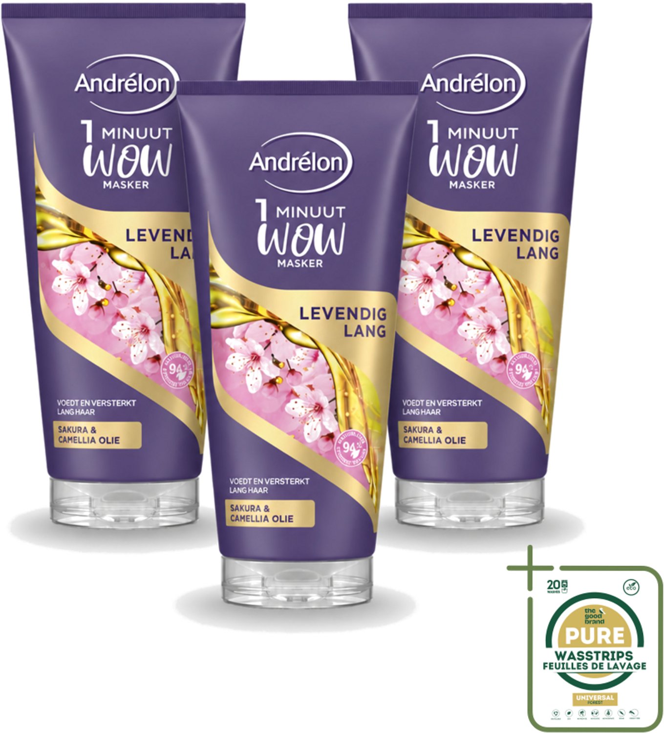 3 x Andrélon - WOW - Masker - Levendig Lang - 180 ml - Wasstrips - Haarmasker - Lang Haar - Intensieve Verzorging - 1 Minuut Masker - Sakra-olie
