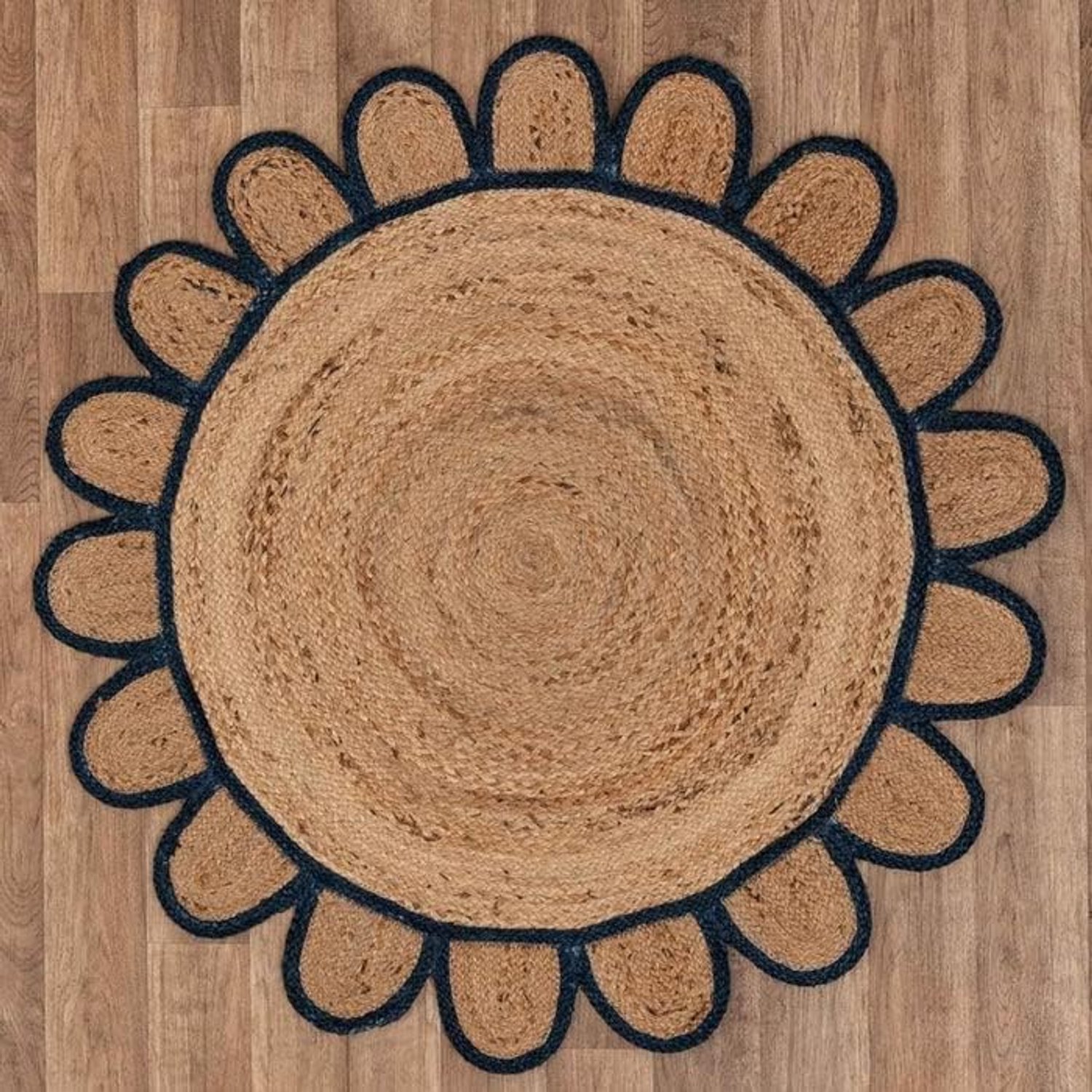 Geschulpte Natuurlijke Jute Area Tapijt Gevlochten Boheemse Woonkamer Boerderij Tapijten Natuurlijk Blauw (Natuur/Blauw, 3 Ft Rond)