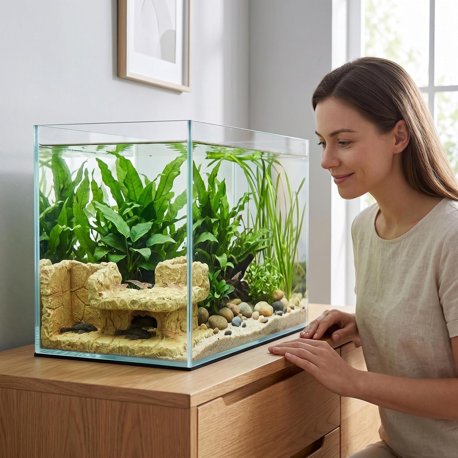Aquariumgrot, aquariumtunnel in rotstijl van hars, veilige schuilplaats en broedplaats voor garnalen en kleine bodemvissen sculptuur
