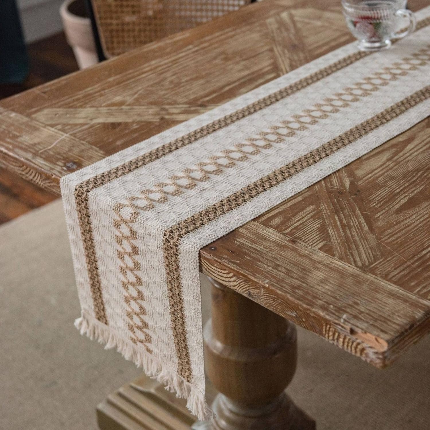 Kwastje tafelloper touw beide zijden tweekleurig gevlochten lang tafelkleed natuurlijk materiaal Amerikaanse vakantie voor salontafel eetkamer decor, 30 x 177,8 cm (04)