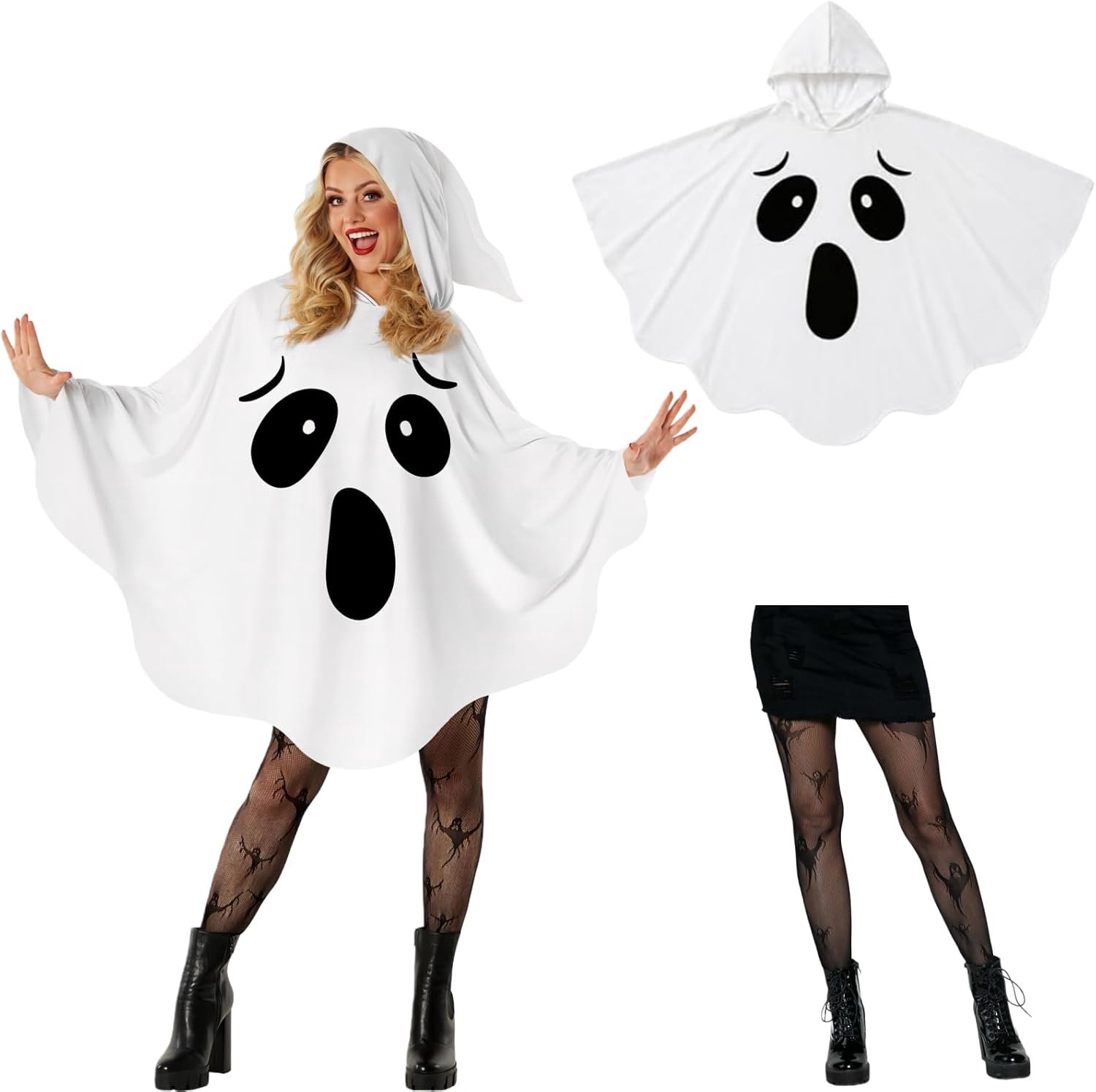 Witte geestcape met capuchon, Halloween-cape voor dames, geestkostuum voor dames, cape voor dames, inclusief een paar panty's voor Halloween, carnaval, feest