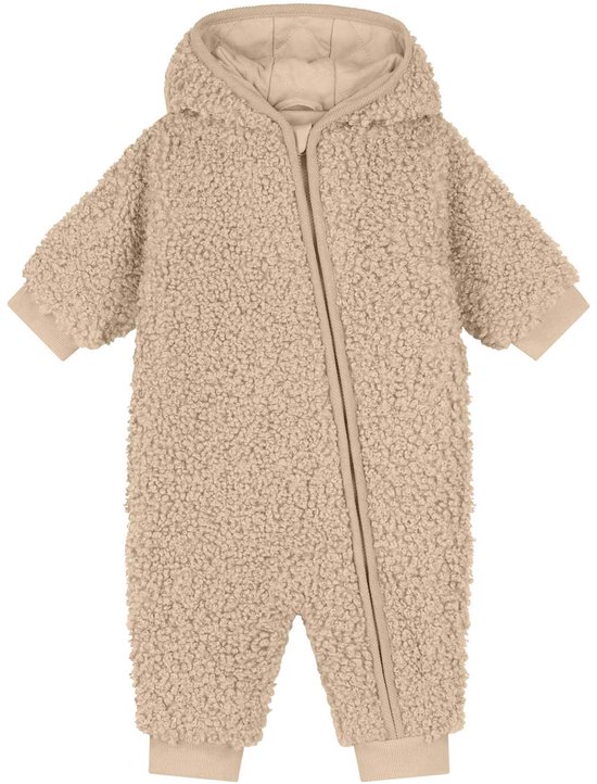 Bruin teddy pak met capuchon en ritssluiting.