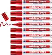 edding 3000 permanent marker - rood - 10 stiften - ronde punt 1,5-3 mm - water en wrijfvast - voor karton, kunststof, hout, metaal, etc. - alcohol markers voor volwassenen