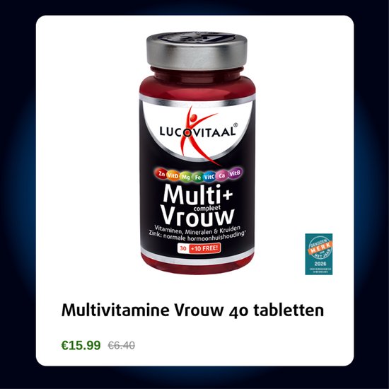 Lucovitaal Multivitamine Vrouw Compleet met 40 tabletten in een rood glazen potje. Label met 'Multi+ Vrouw'.