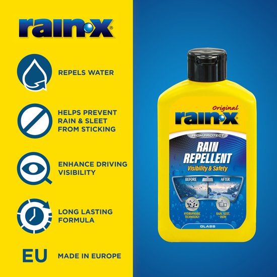 Gele Rain-X fles met waterafstotende informatie: waterafstotend, voorkomt regen/ijzel, verbetert zicht, lange formule, EU Made in Europe.