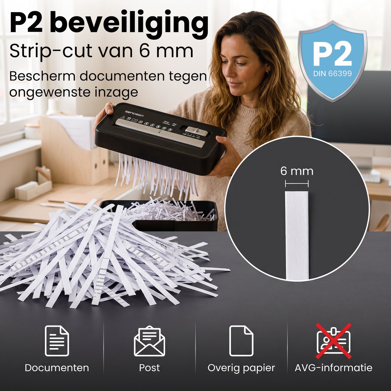 Sencision Papierversnipperaar voor Thuis - P2 Stroken tot 6 Vellen - Versnipperaar voor Papier - Papiervernietiger - 10L - Incl. Olievellen - Zwart thumbnail 4