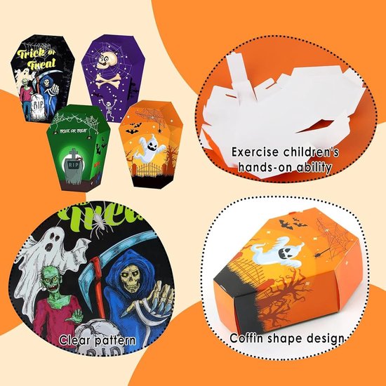 30 stuks Halloween zoete traktatiezakken, pompoen spin vleermuis doodskist doos truc of traktatie, snoep snacks koekjes verpakking voor Halloween feest, feestbenodigdheden — afbeelding 5