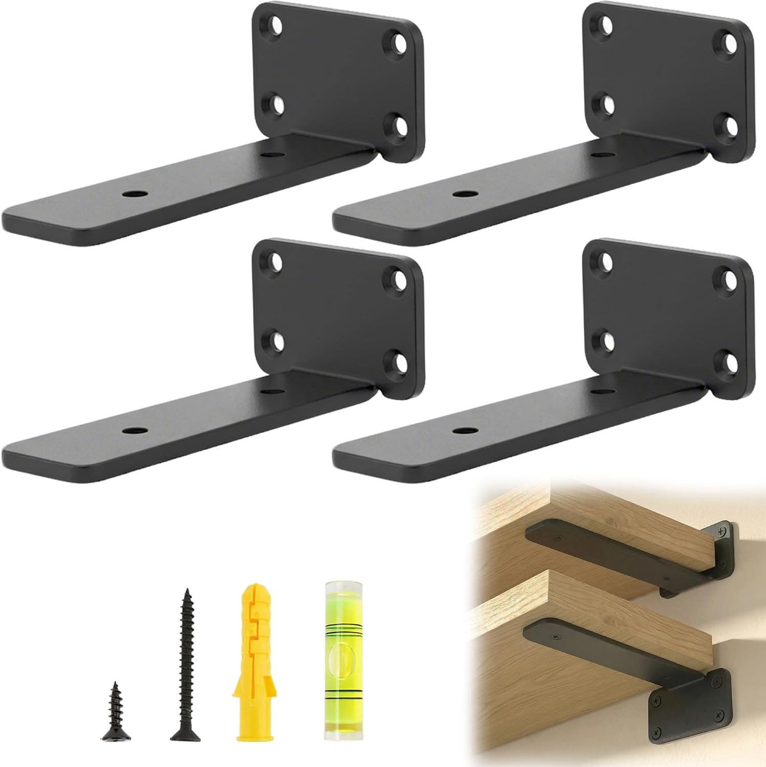 Set van 4 Hoekige Planksteunen voor Zwevende Planken, 10 cm, 70 kg Draagvermogen, Zwart, Ideaal voor Wanddecoratie en Opslag