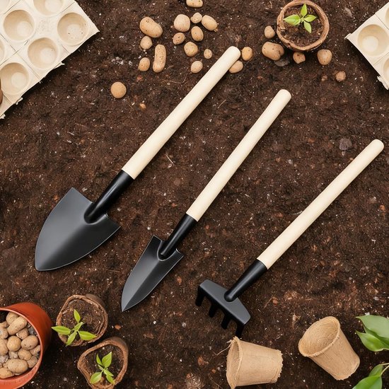 Set van 3 Mini Tuin Gereedschappen met Houten Handvatten - Schep, Hark en Tuingereedschap voor Balkon, Moestuin en Vetplanten — afbeelding 5