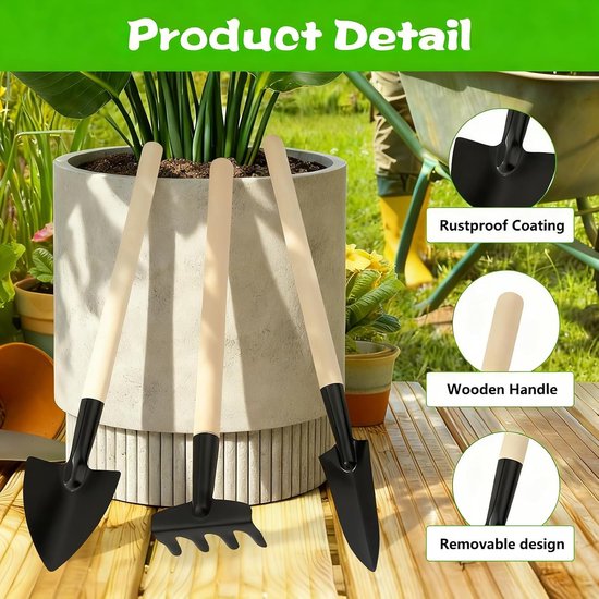 Set van 3 Mini Tuin Gereedschappen met Houten Handvatten - Schep, Hark en Tuingereedschap voor Balkon, Moestuin en Vetplanten — afbeelding 3