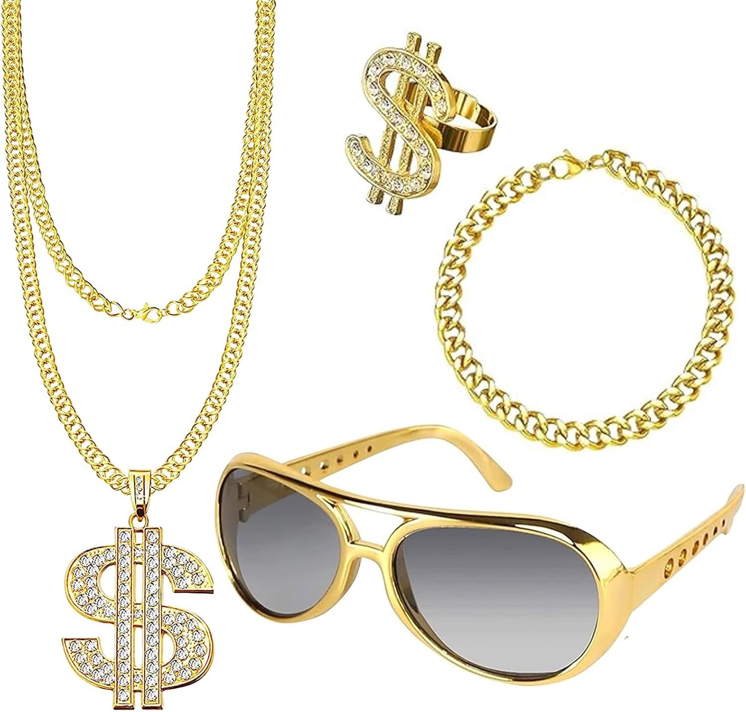 4-delige Dollar Ketting Set voor Carnavalskostuum, 80s en 90s Outfit, Hip Hop Accessoires, Gouden Kettingen, Zonnebril, Dollar Hanger, Ring voor Themafeesten en Fotoprops