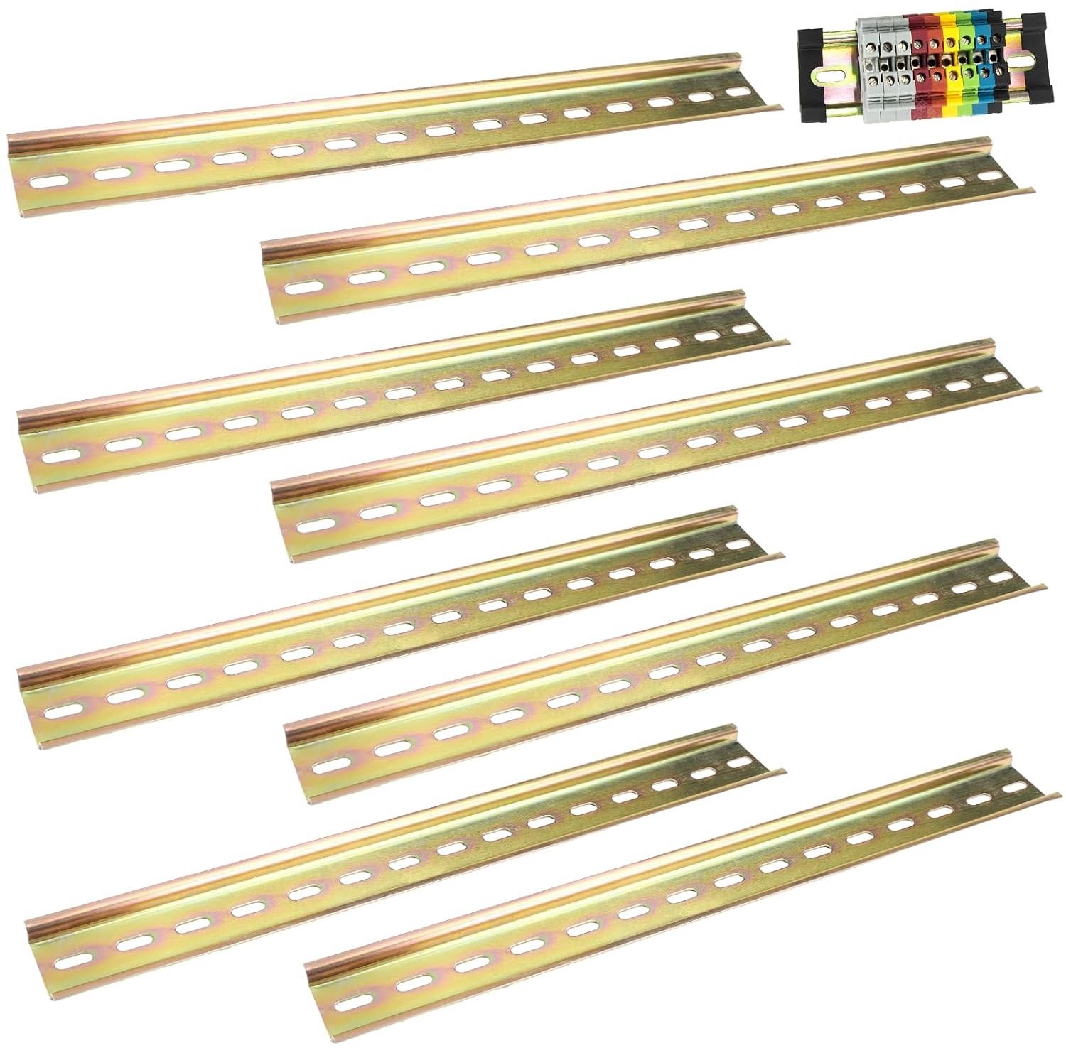 8-delige DIN rails set van gekleurd staal, 29.5 cm breed, 7.5 mm hoog, 3.5 cm lang voor installatie van elektrische apparaten zoals schakelaars en zekeringen.