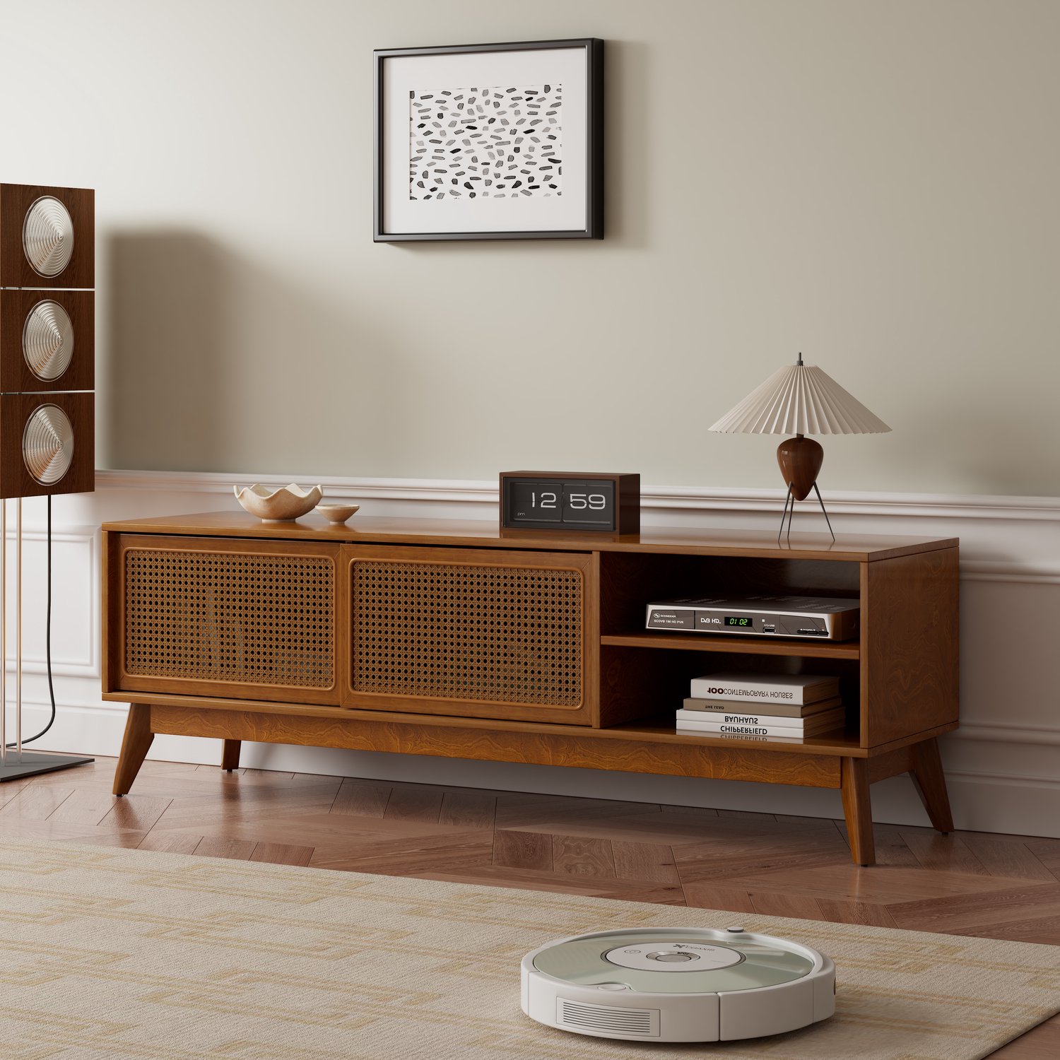 HAUSS SPOLE Televisiekast - Retro Met Rotan Schuifdeuren - Voor Televisies Tot 65 Inch - Hout En MDF - 150x40x50 Cm - Walnootkleur Licht walnoot