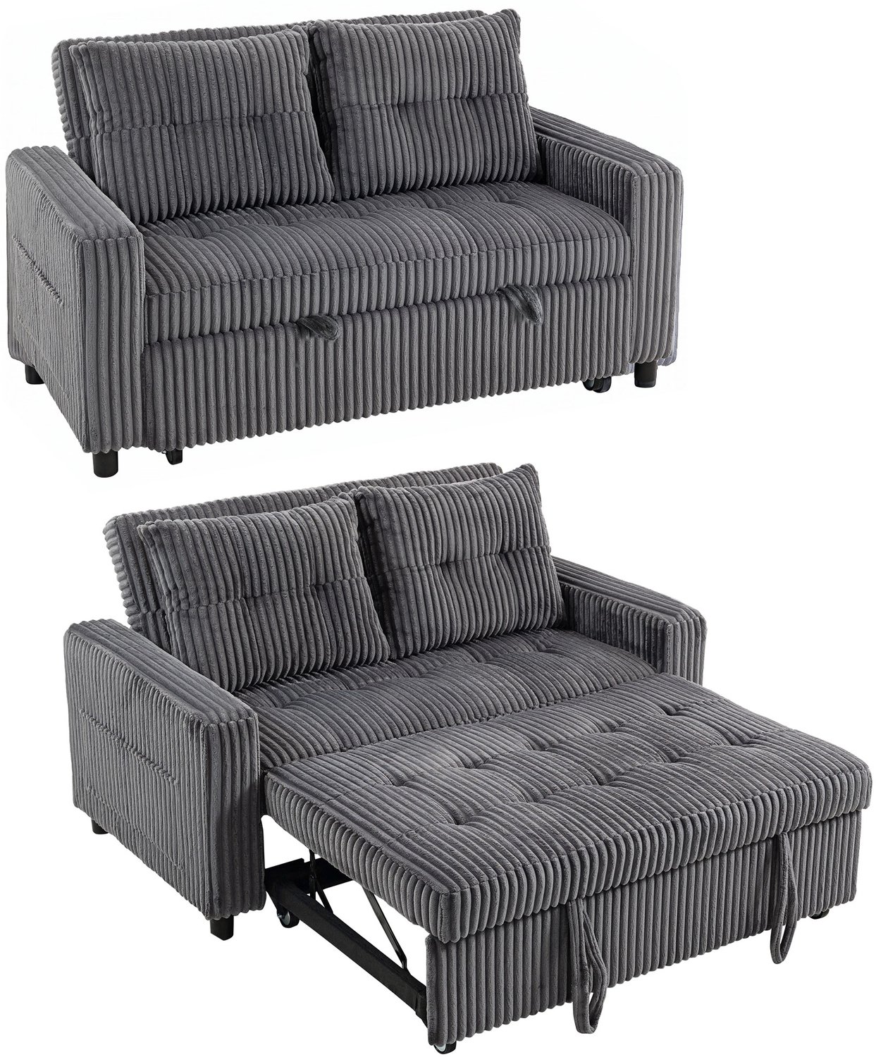 TEKROA® 2-persoons slaapbank - bekleding van corduroy - om te bouwen tot slaapbank - 2 kussens - zijvakken -157 x 190 cm - donkergrijs