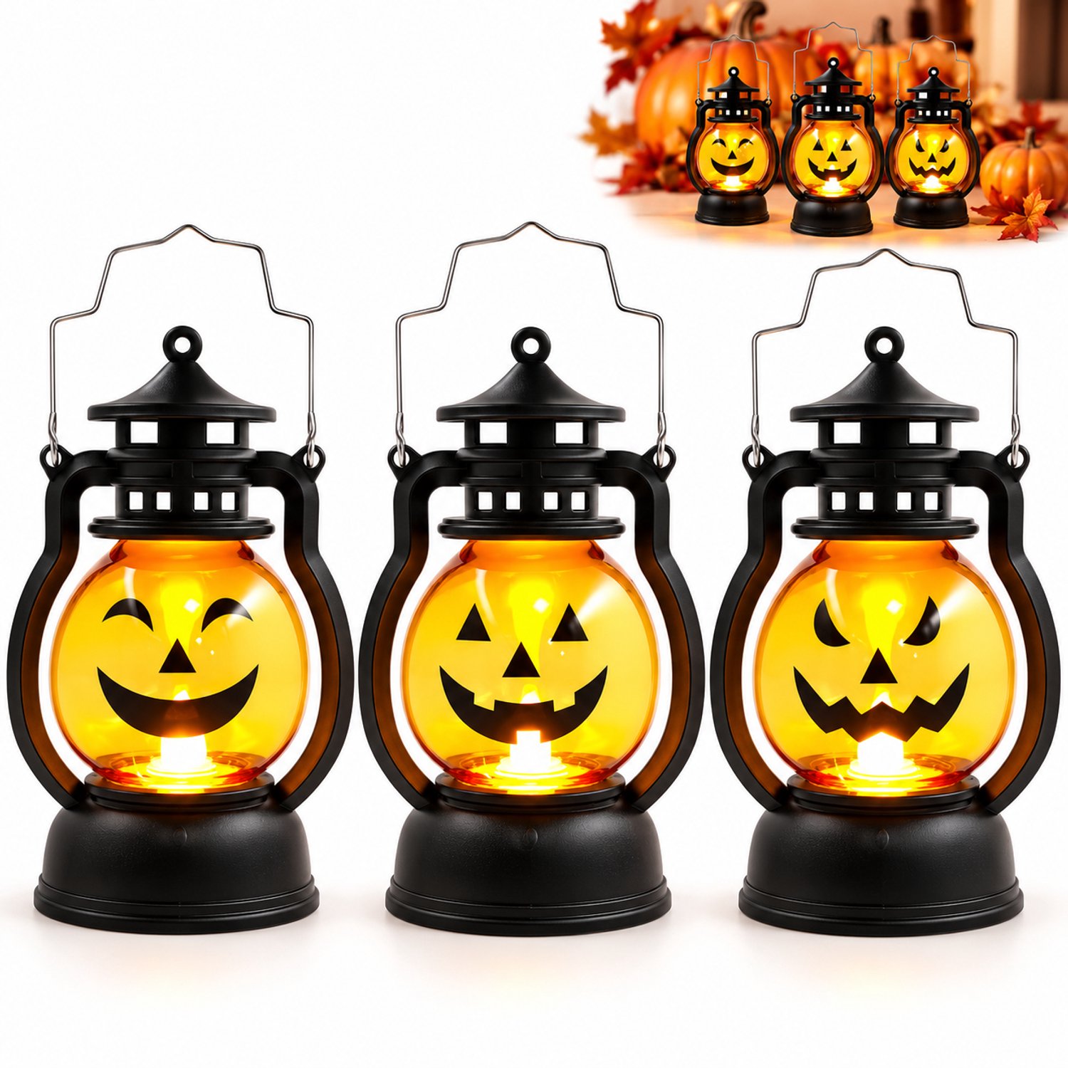 VHV - Halloween Pompoen Decoratie 3 Stuks - LED Pompoen Verlichting - Veilige Vlamloze Lantaarns voor Binnen - Griezelige Trick-or-Treat Herfst Decoratie