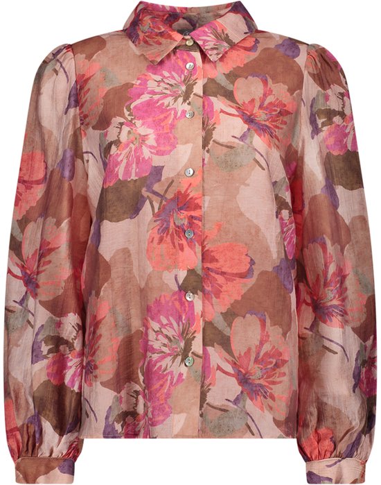 Blouse met knoopsluiting, kraag, pofmouwen en een bloemenprint in roze, zand en paars.