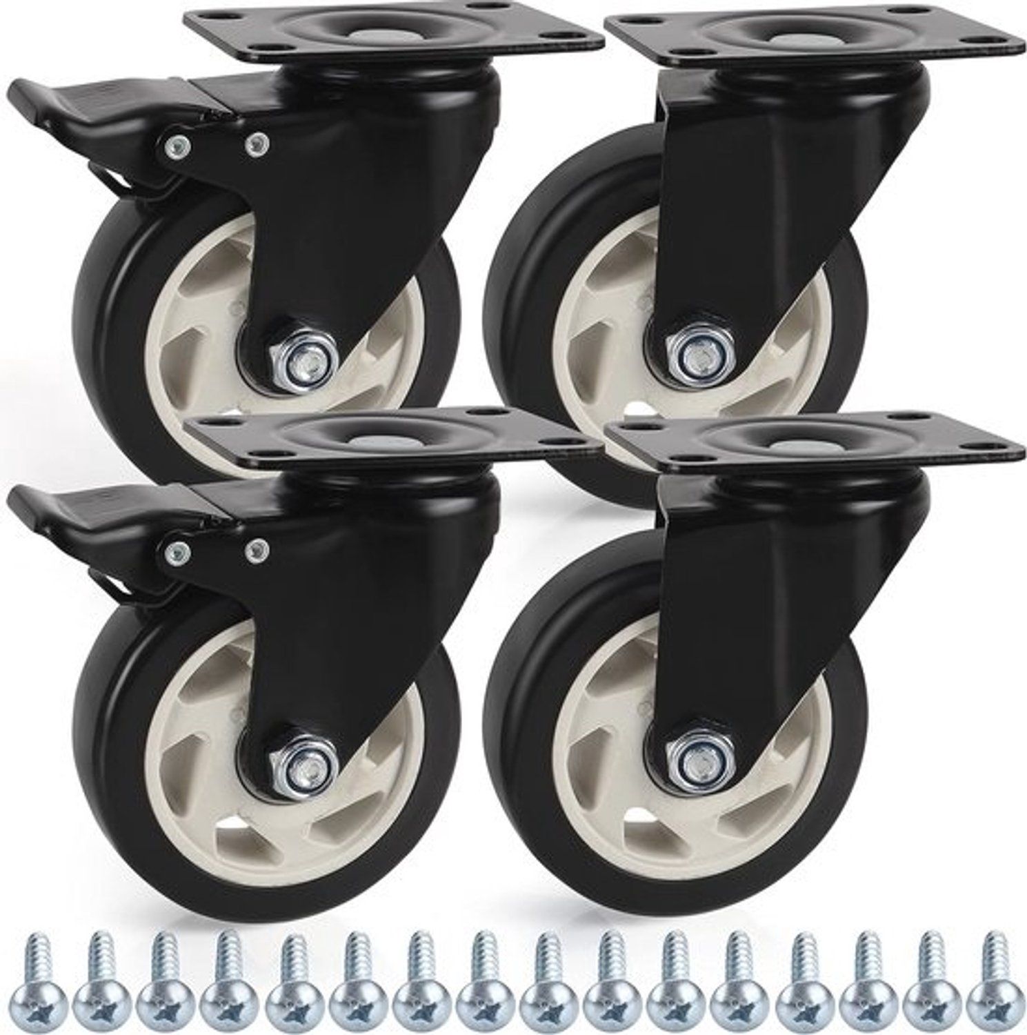 Zware zwenkwielen set van 4 - 100 mm rubberen wielen met remmen en schroeven - Tot 320 kg capaciteit - Voor trolleys en meubels