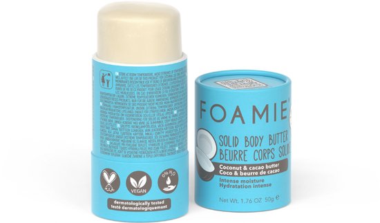 Foamie Solid Body Butter met kokos- en cacaoboter. Intense voeding. De stick is gedeeltelijk uitgedraaid.