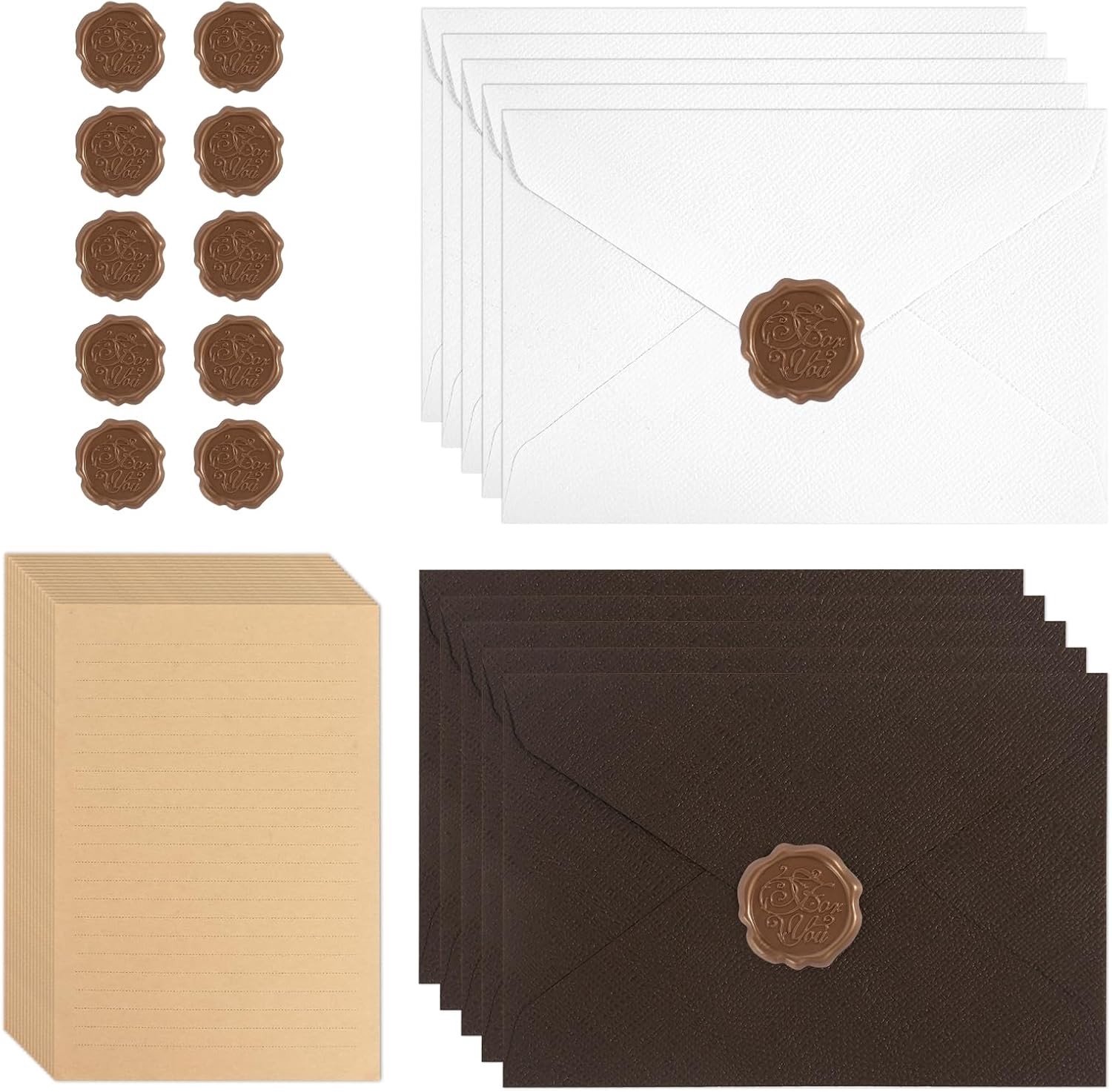 Vintage Briefpapier Set met 10 Enveloppen, 10 Waszegels en 15 A5 Bladen voor Verjaardag, Bruiloft en Uitnodigingen