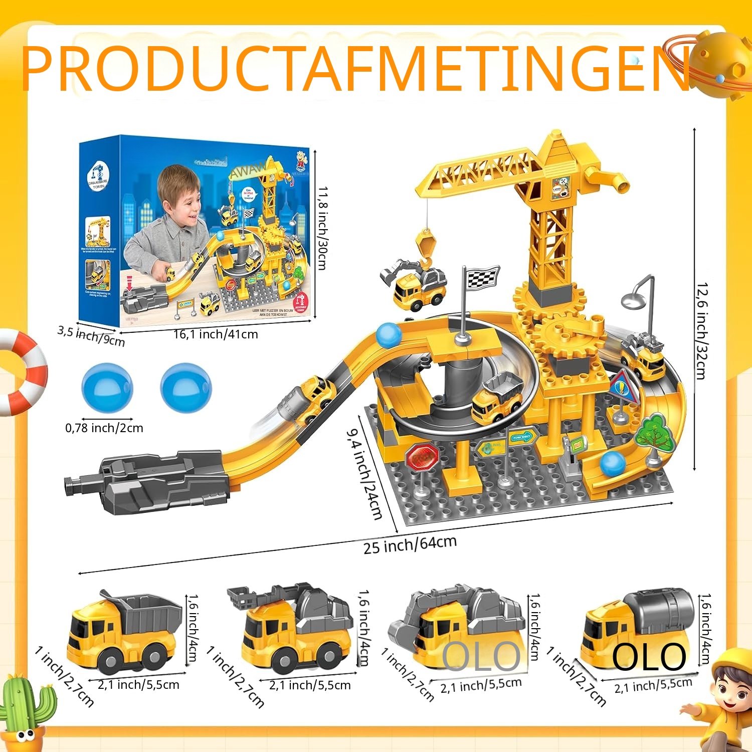 QEVA Kraan Speelgoed - Bouwkraan Speelgoed - Speelgoed Kraan - Geel - 11cm x 11cm x 1cm