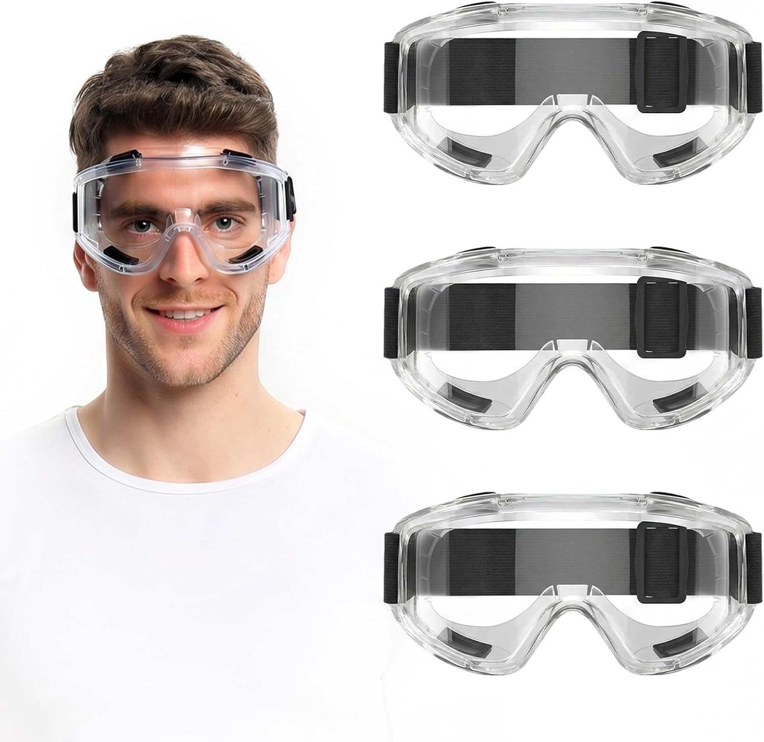 Set van 3 Veiligheidsbrillen, UV-bescherming, Verstelbare Hoofdband, Geschikt voor Brildragers - Ideaal voor Laboratoria, Bouwplaatsen en Werkplaatsen
