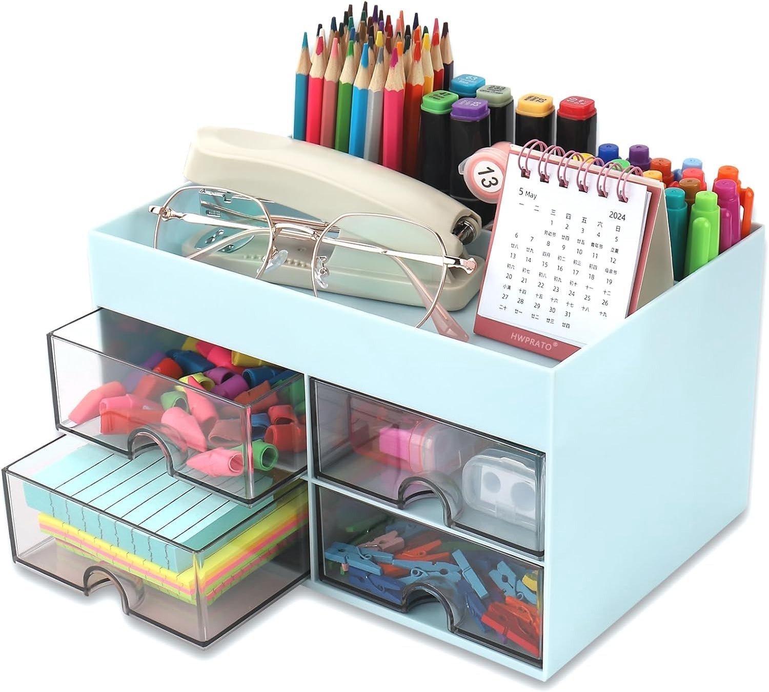 Multifunctionele Bureau Organizer met 4 Lades, Ruimtebesparende Pennenhouder en Make-up Organizer voor Kantoor en School, 19cm x 14cm