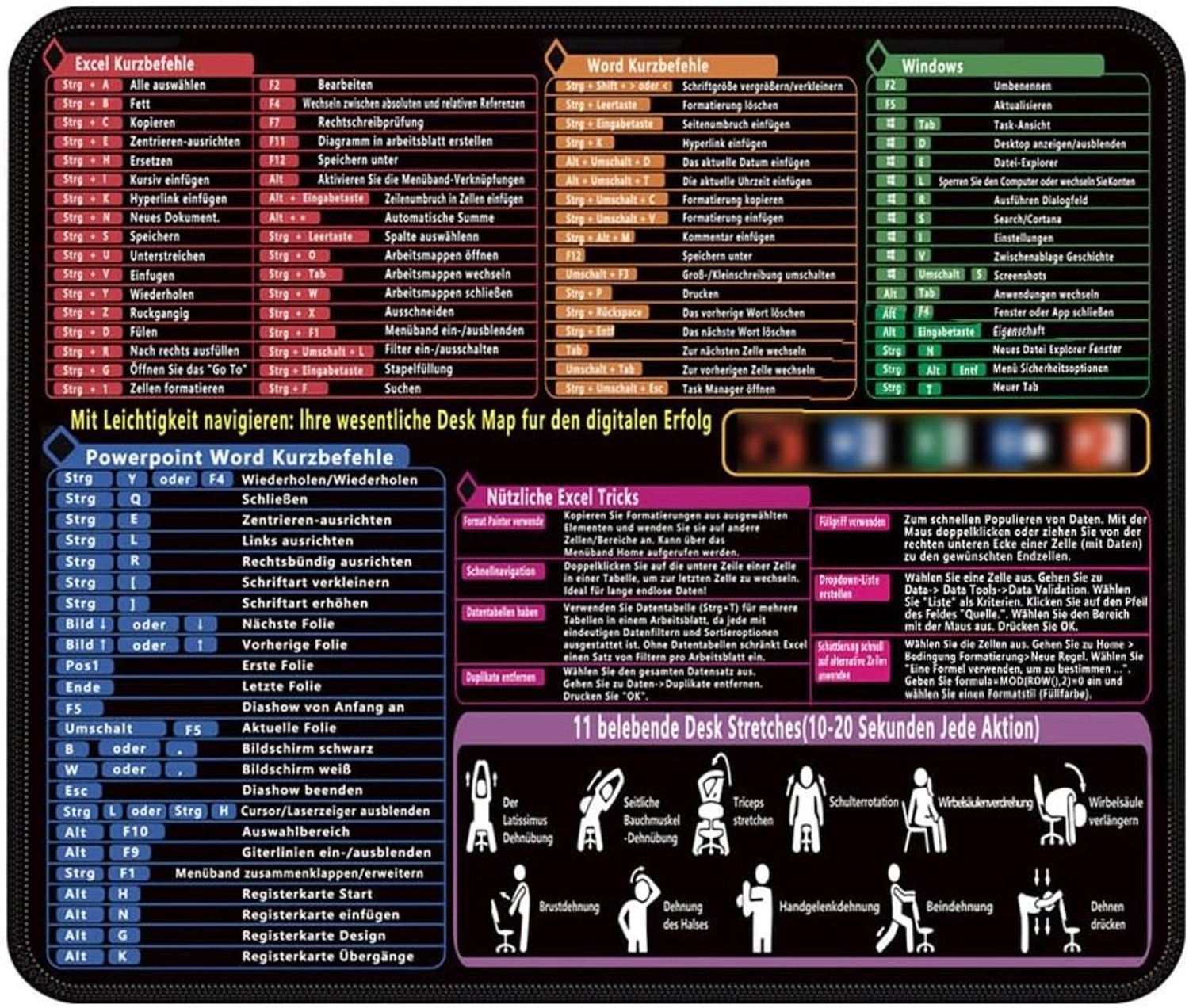 Grote Gaming Mouse Pad met Excel Shortcuts in het Duits, 300x250x3mm, Antislip Bureau Ondergrond voor Thuis en Kantoor
