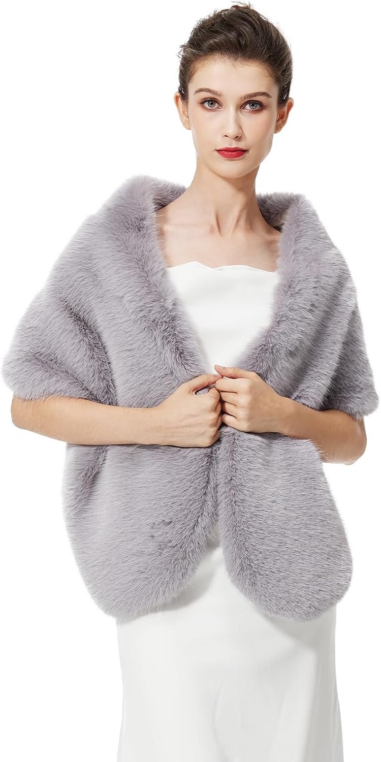 BEAUTELICATE Faux Fur Scarf Poncho with Fur Women Synthetic Fur Coat Faux Fur Stole Bolero Knitted Wool Coat Wedding - ShopVlot